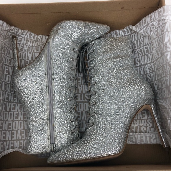 NWT Steve Madden Valency Crystal Embellished Lace Up Stiletto Heeled Ankle Boots - Picture 7 of 10